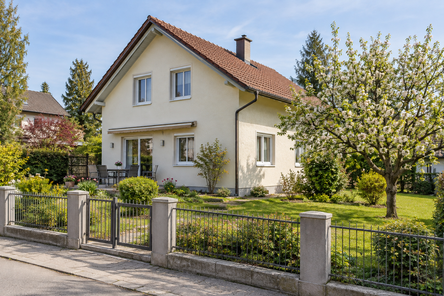 Helles Wohnhaus mit Garten und blühendem Obstbaum